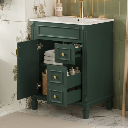 Bathroom vanity with sink, dark green cabinet, white top, brass hardware, 2 drawers on Tampa Home & Garden Store