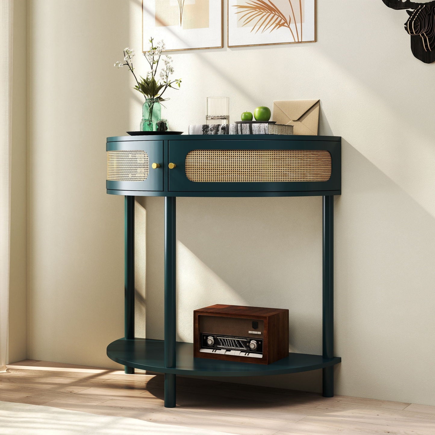 Boho rattan semi-circle end table with sliding door, storage and bottom shelf in teal on Tampa Home & Garden Store