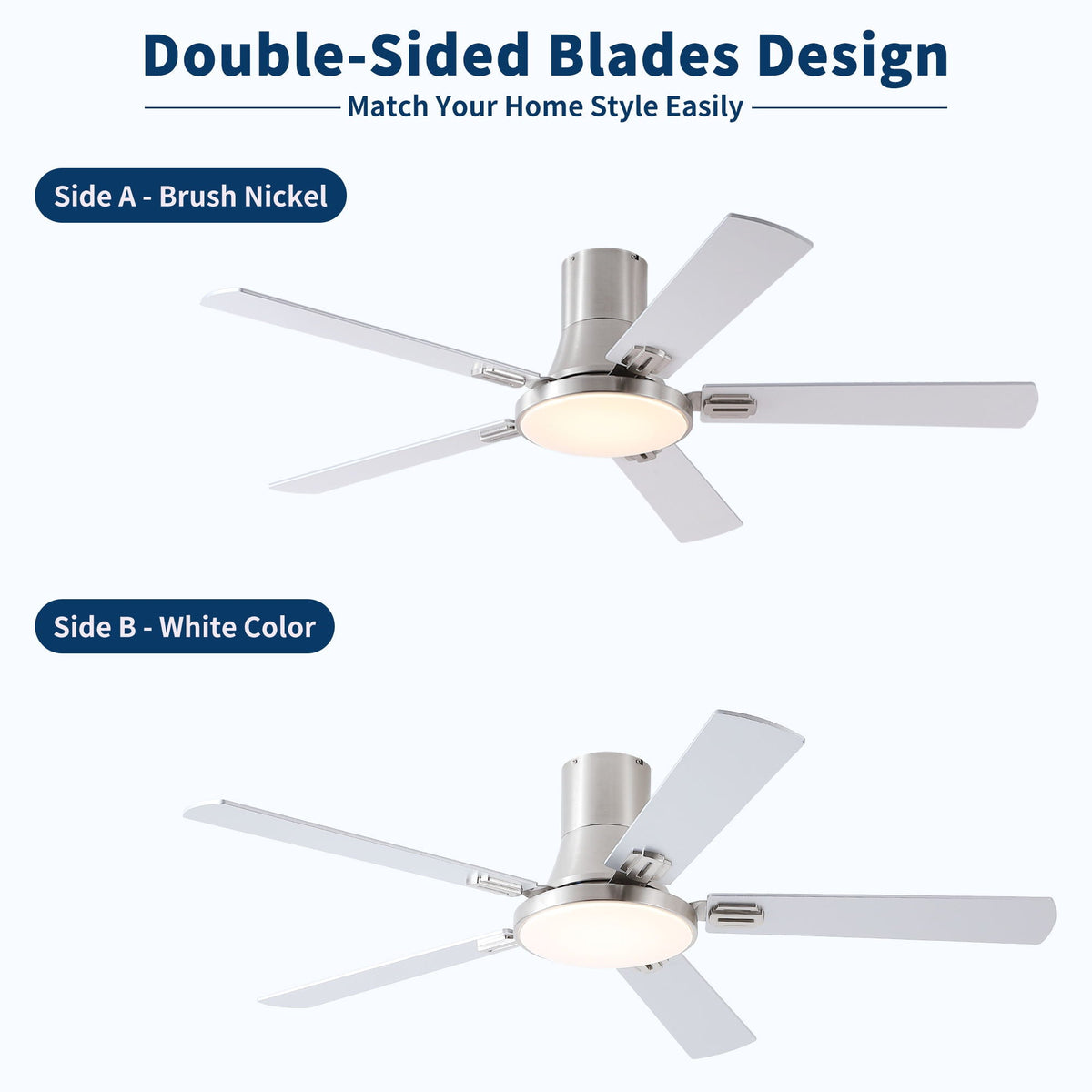 Flush Mount Ceiling Fan with LED light and remote by HouseOfZazla; nickel/white blades on Tampa Home & Garden Store