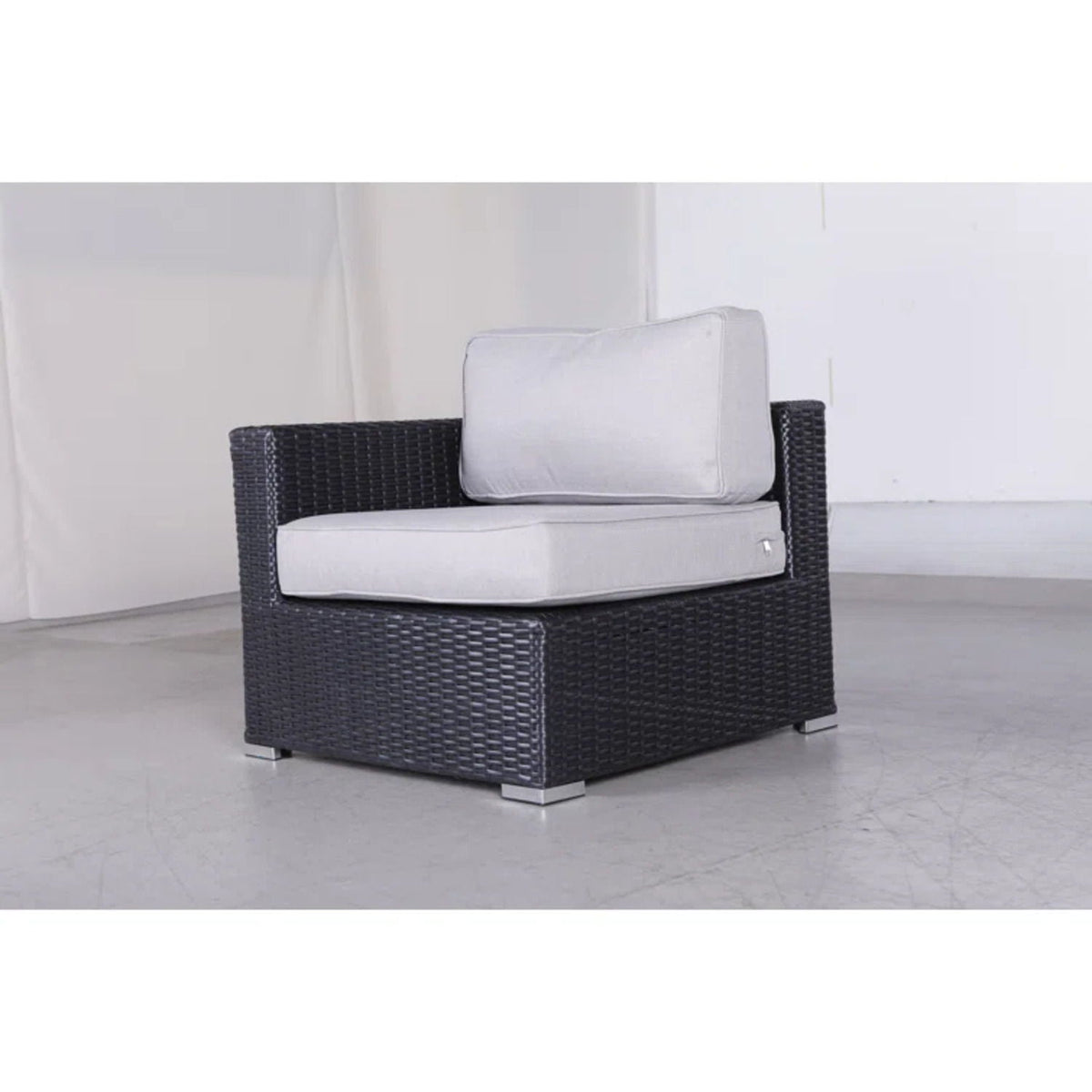 Luxurious wicker patio stationary sectional dark weave and light gray Sunbrella cushions on Tampa Home & Garden Store