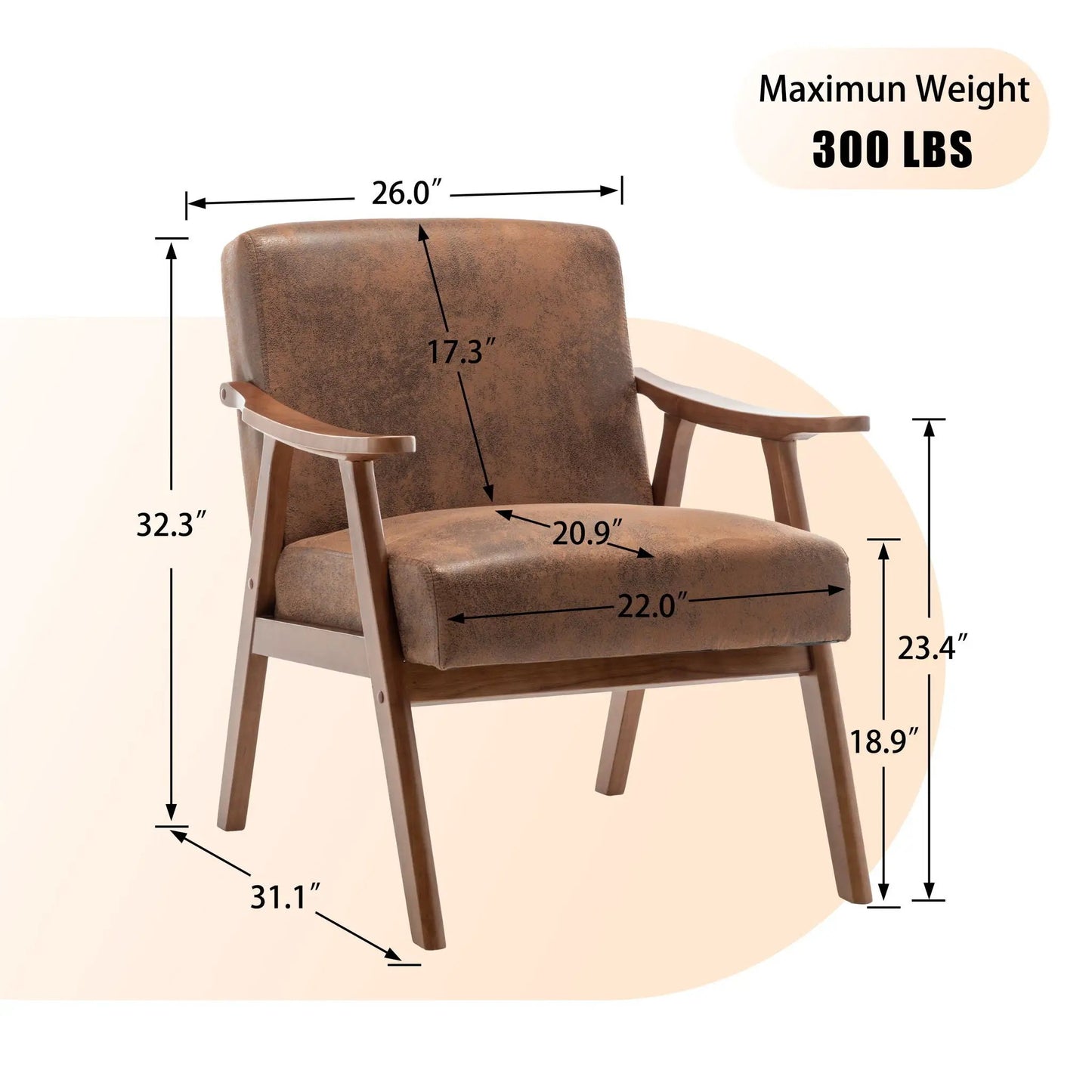 Mid Century Modern Accent Chair with solid wood frame and extra thick backrest, brown distressed leather, Unique Piece Furniture on Tampa Home & Garden Store