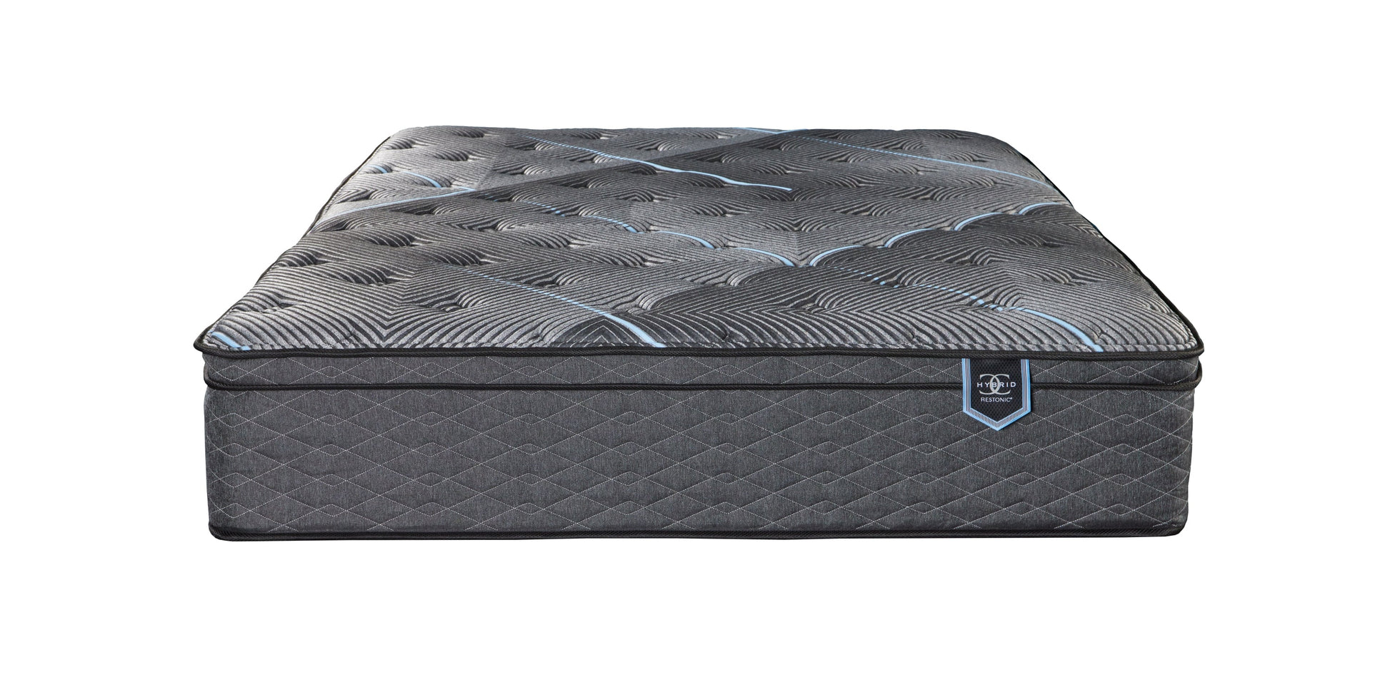 Mattress Restonic ComfortCare Hybrid Euro Top Plush CA King gray quilted cover with blue piping on Tampa Home & Garden Store