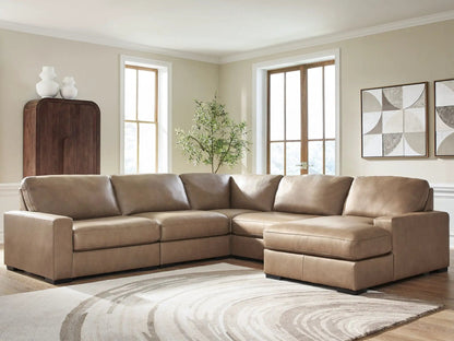 Veronella stationary sectional sofa in taupe leather, L-shaped in a bright living room on Tampa Home & Garden Store