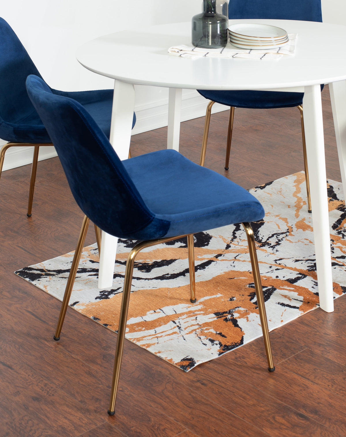White round dining table with blue velvet chairs and gold legs, 3pc dining set on Tampa Home & Garden Store