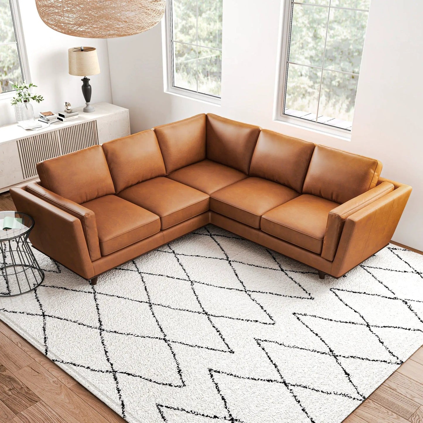 Erman Corner Sofa tan leather stationary sectional by Unique Piece Furniture in a sunlit living room on Tampa Home & Garden Store