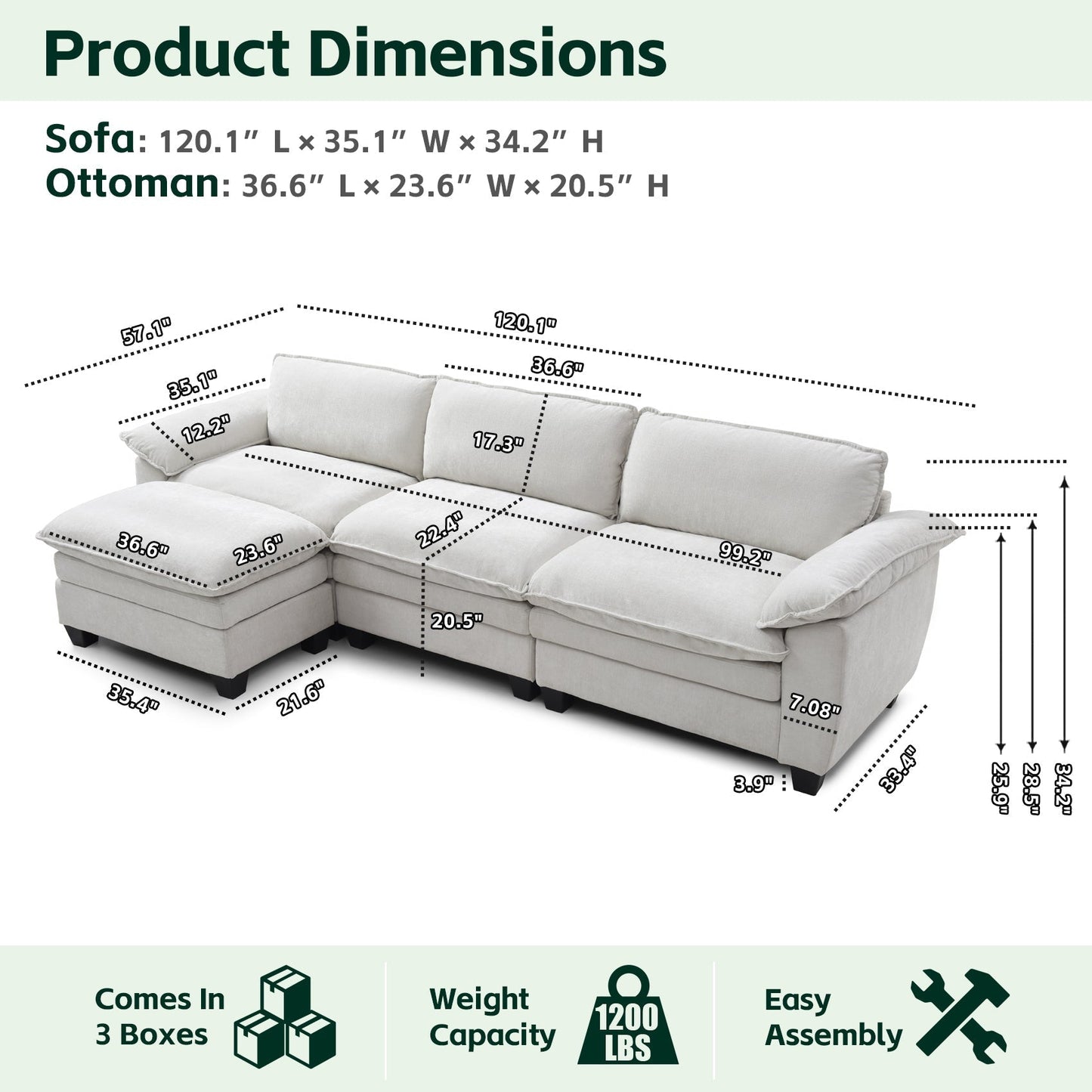 Living Room Sofa Luxury Couch with Ottoman in Soft Chenille Beige by HouseOfZazla on Tampa Home & Garden Store