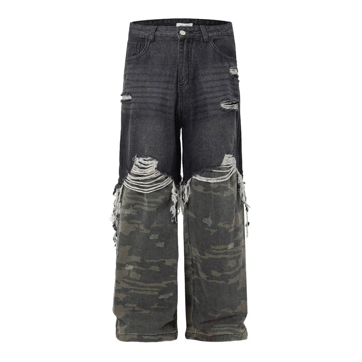 Men's camouflage distressed wide-leg jeans by FLIPSTYLEZLLC, black denim with camo panels on Tampa Home & Garden Store