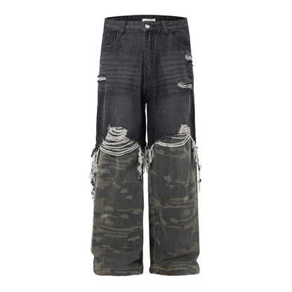 Men's camouflage distressed wide-leg jeans by FLIPSTYLEZLLC, black denim with camo panels on Tampa Home & Garden Store