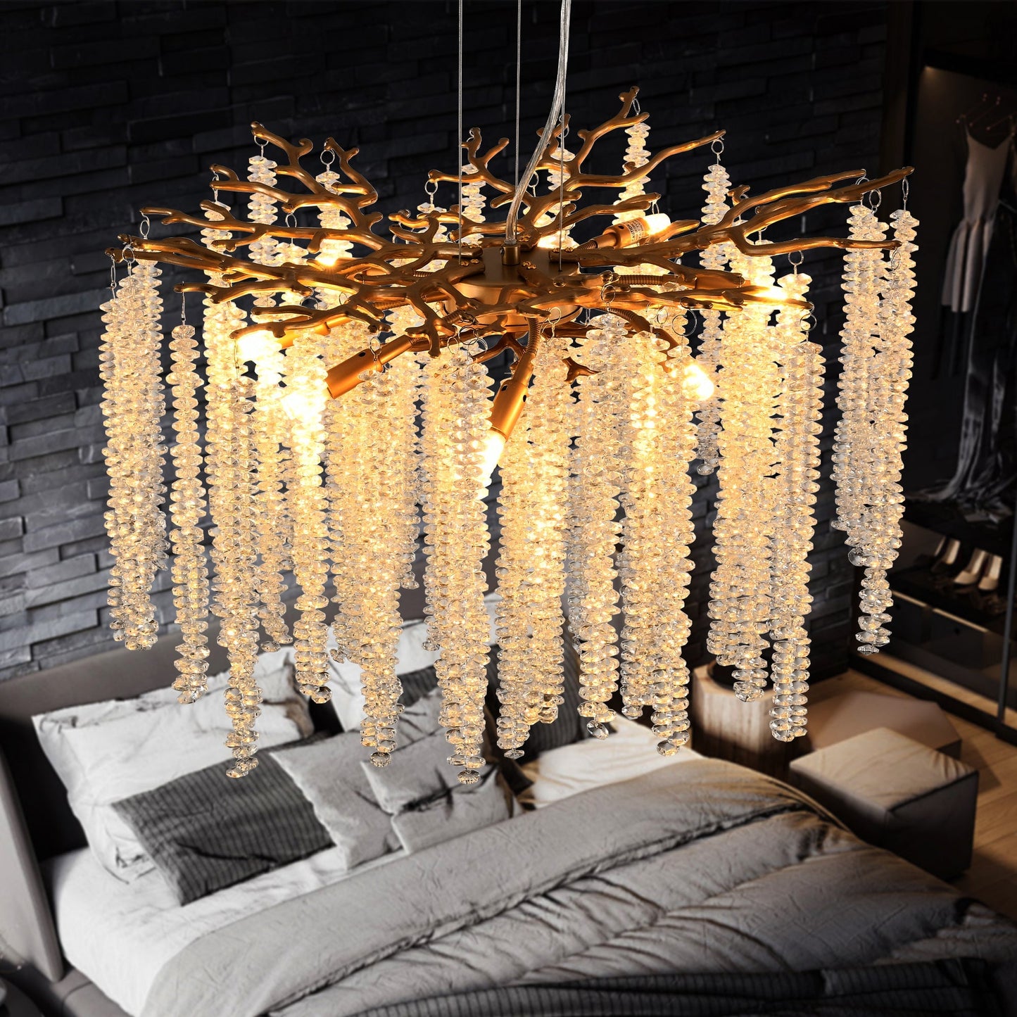 24-inch Modern Golden Pendant Light with Cascading Crystal Strands chandelier, HouseOfZazla on Tampa Home & Garden Store