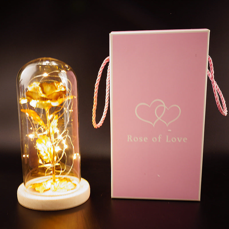 Gold Foil Rose preserved flower under glass dome with warm lights on wood base pink gift box on Tampa Home & Garden Store