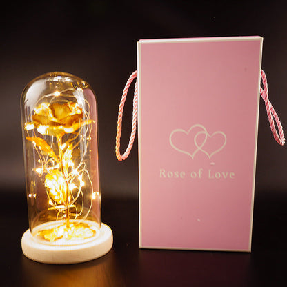 Gold Foil Rose preserved flower under glass dome with warm lights on wood base pink gift box on Tampa Home & Garden Store