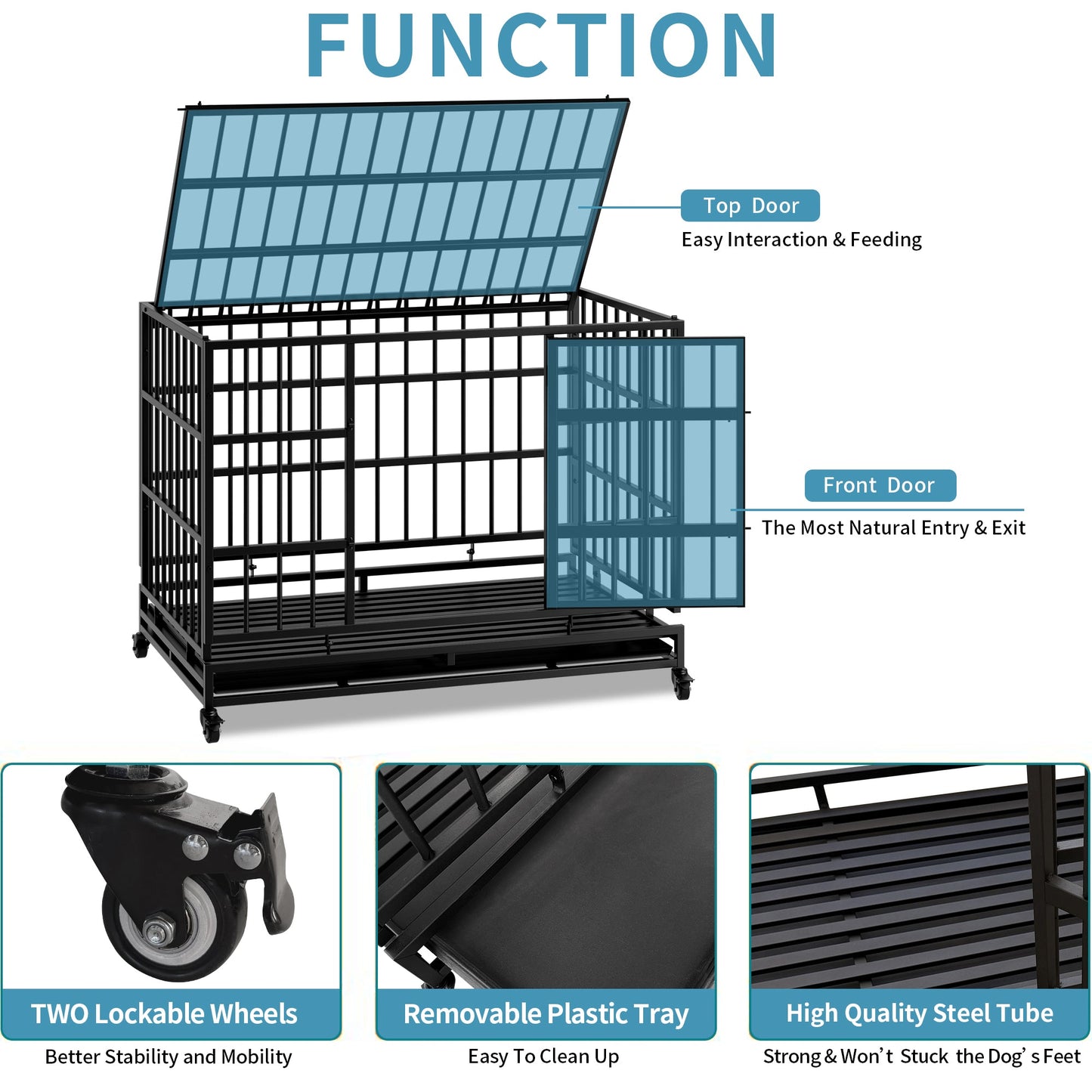 48 Inch Heavy Duty Indestructible Dog Crate with Wheels by HouseOfZazla, black steel on Tampa Home & Garden Store