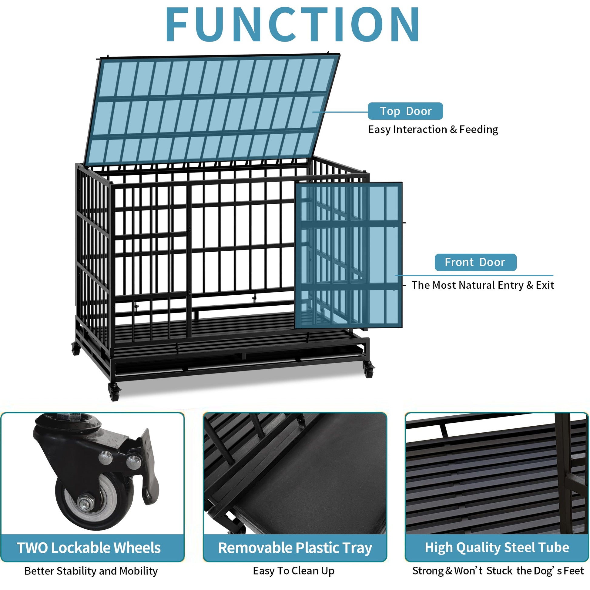 48 Inch Heavy Duty Indestructible Dog Crate with Wheels by HouseOfZazla, black steel on Tampa Home & Garden Store