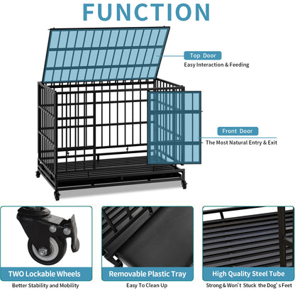 48 Inch Heavy Duty Indestructible Dog Crate with Wheels by HouseOfZazla, black steel on Tampa Home & Garden Store