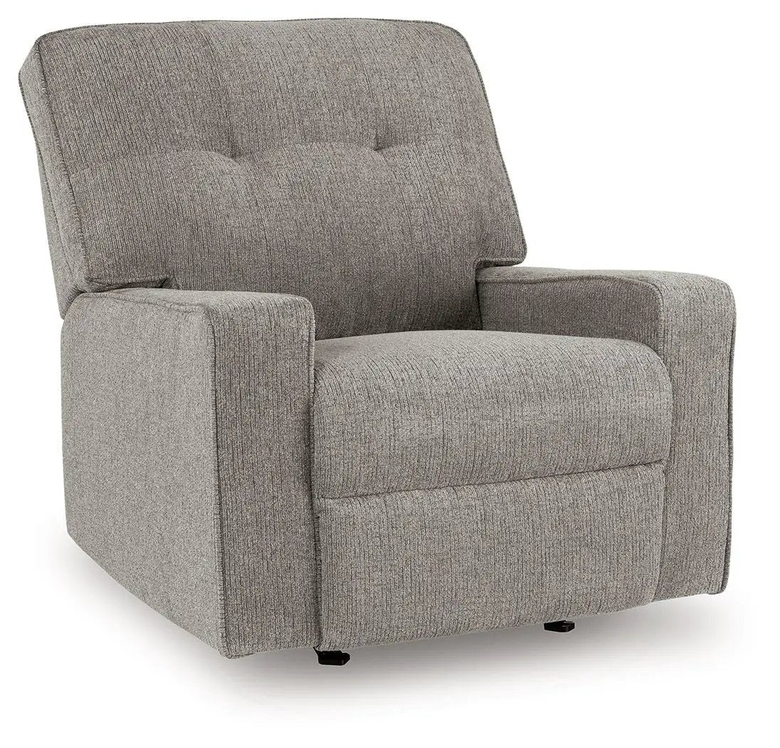 Larimer rocker recliner in gray textured fabric with padded arms on Tampa Home & Garden Store