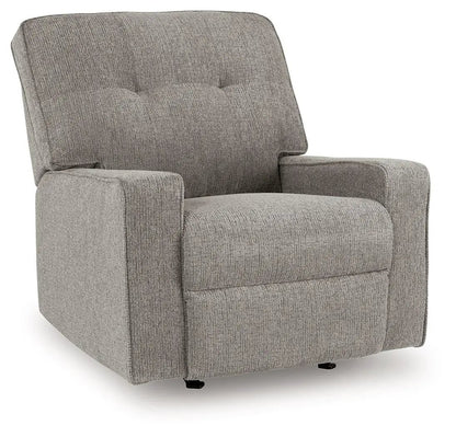 Larimer rocker recliner in gray textured fabric with padded arms on Tampa Home & Garden Store
