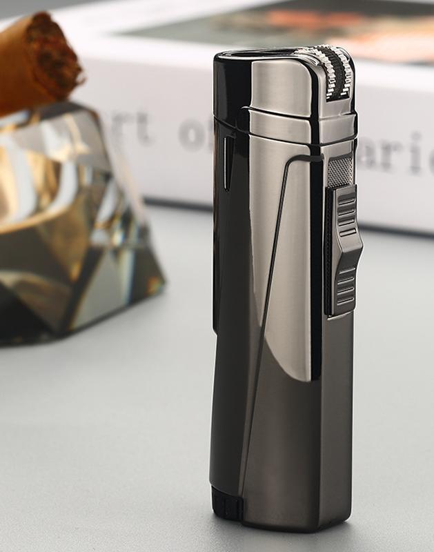 Stevvex triple-torch lighter in metallic black chrome for cigars and cigarettes on Tampa Home & Garden Store