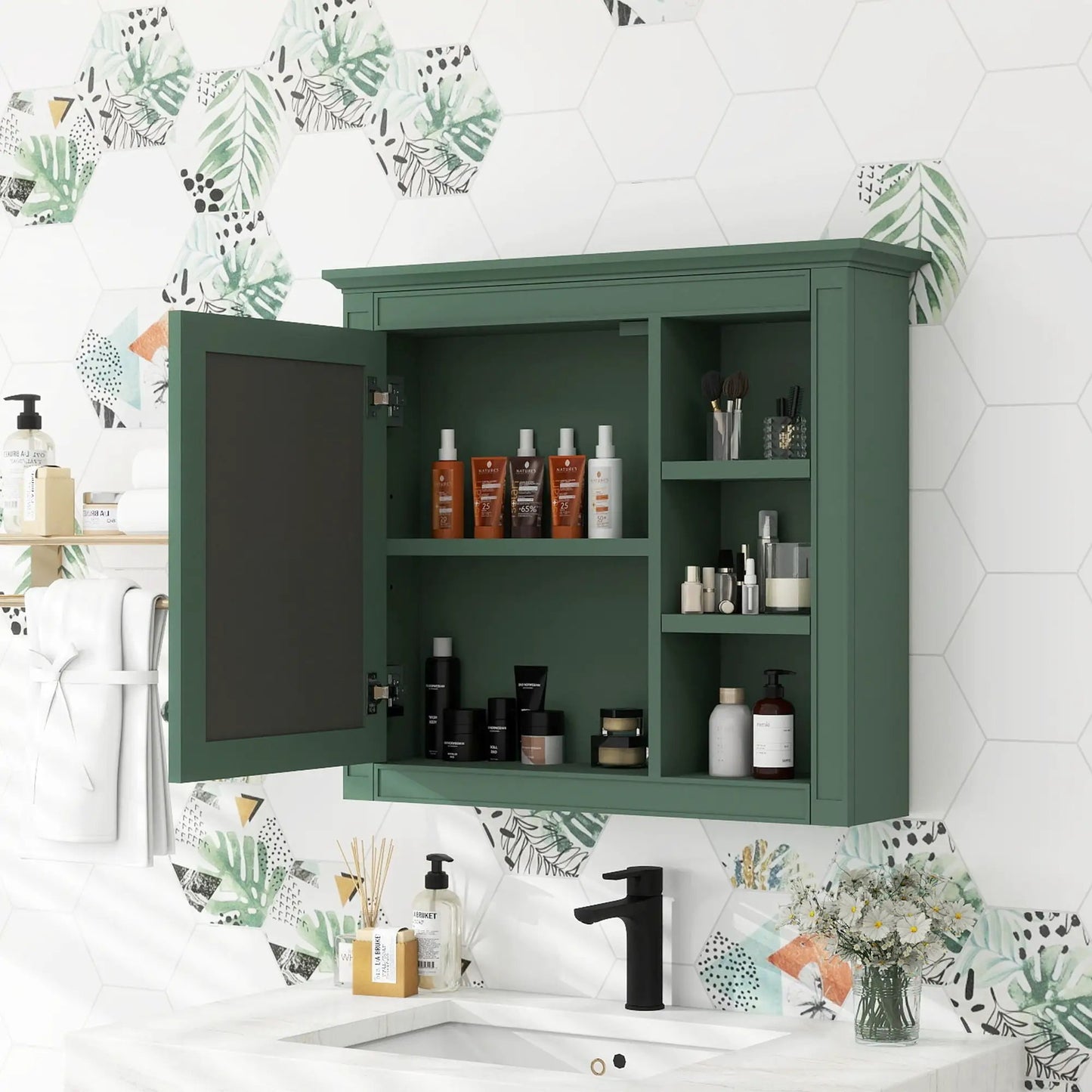 Wall Mounted Cabinet With Mirror and Open Shelves