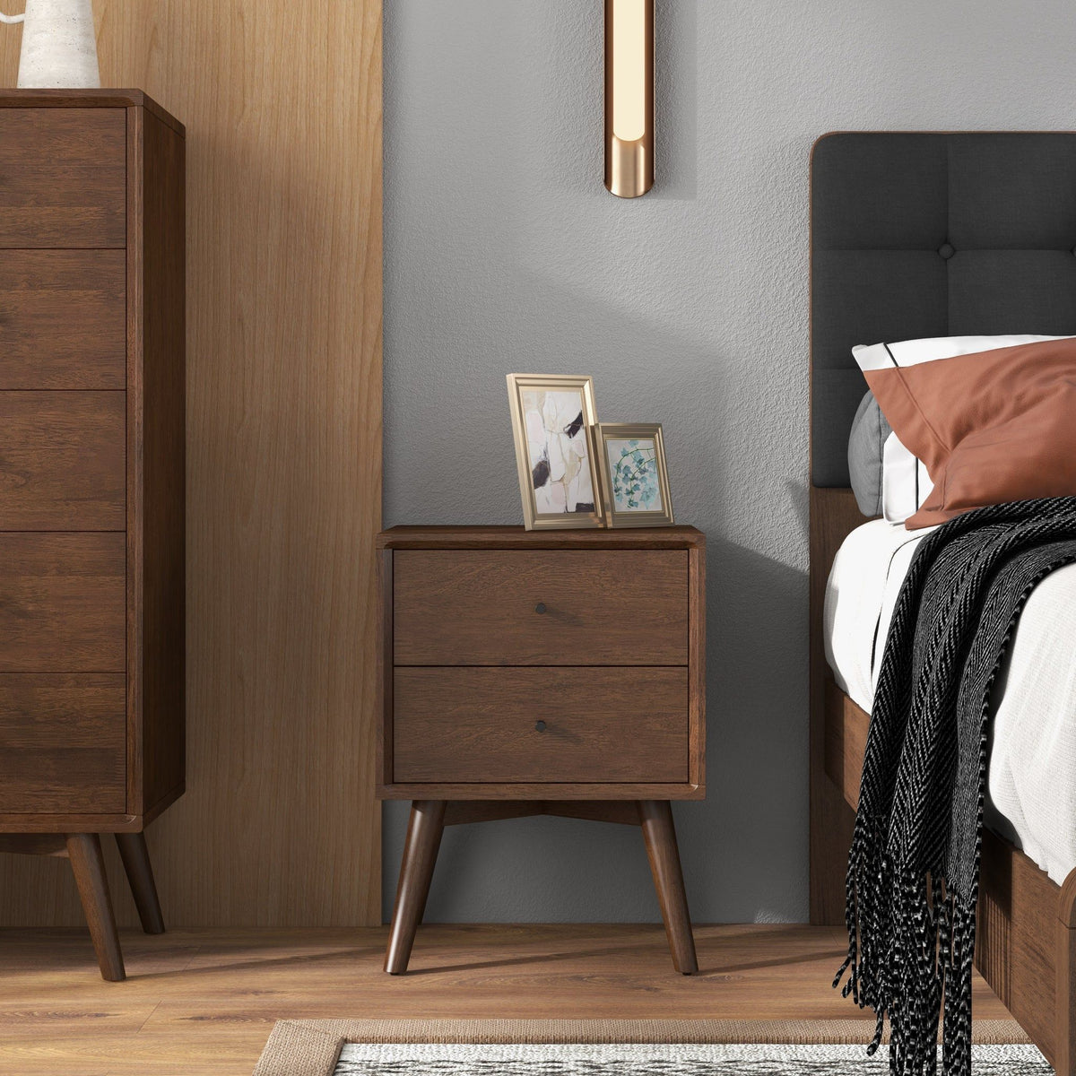 Mid-Century Modern nightstand with 2 drawers in dark brown wood by HouseOfZazla, angled legs on Tampa Home & Garden Store