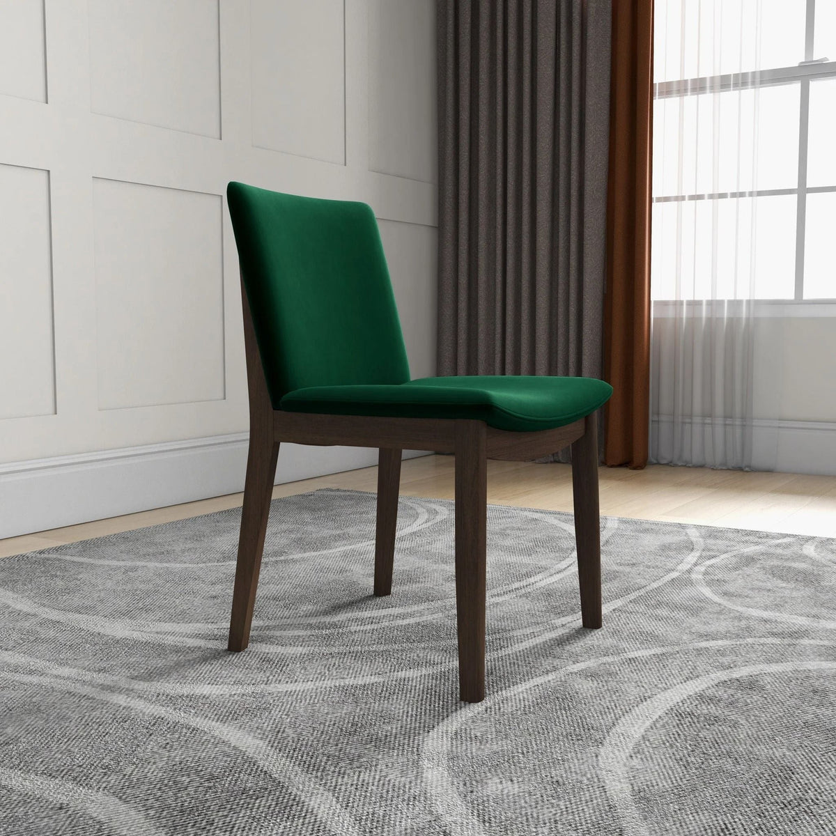 Mid-Century Modern solid wood dining chair with emerald green fabric upholstery on Tampa Home & Garden Store