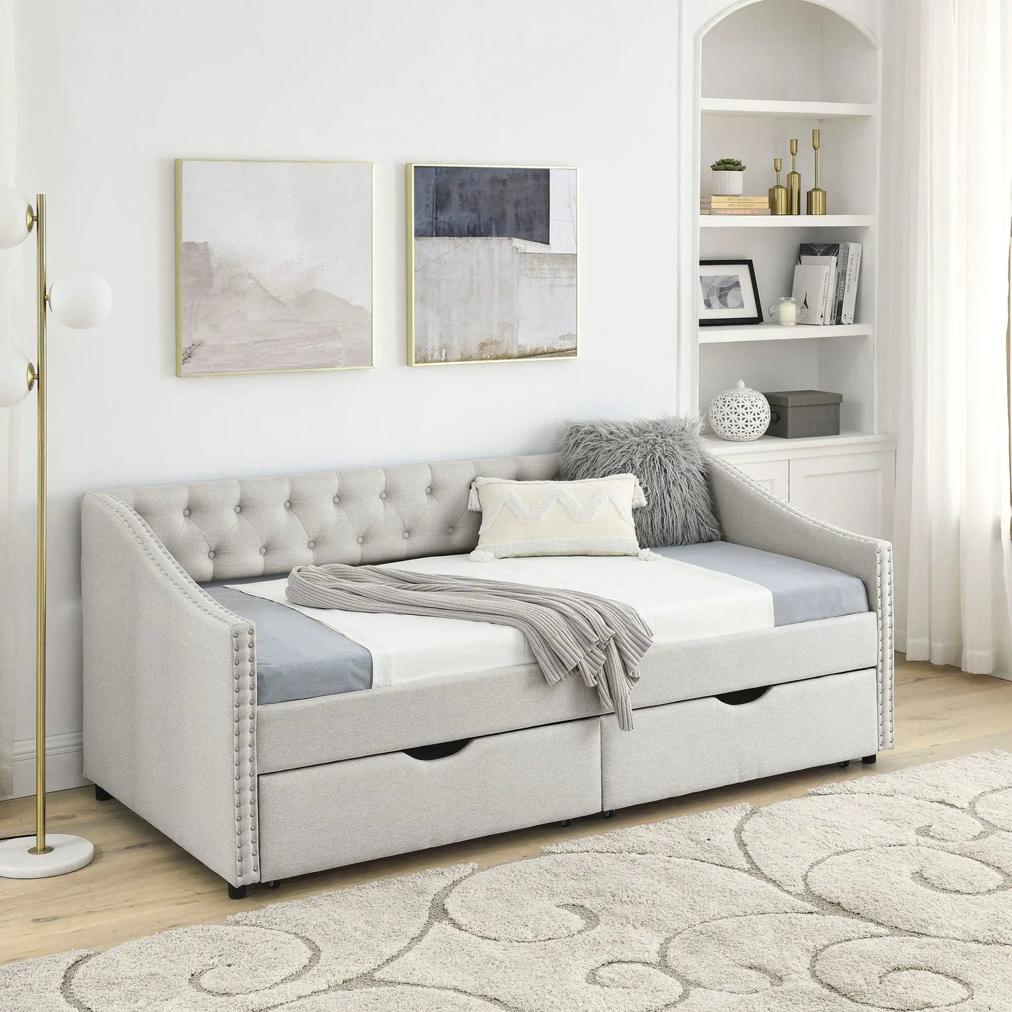 Upholstered tufted daybed with 2 under-bed drawers and waved arms in light gray fabric on Tampa Home & Garden Store