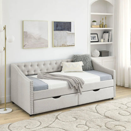Upholstered tufted daybed with 2 under-bed drawers and waved arms in light gray fabric on Tampa Home & Garden Store