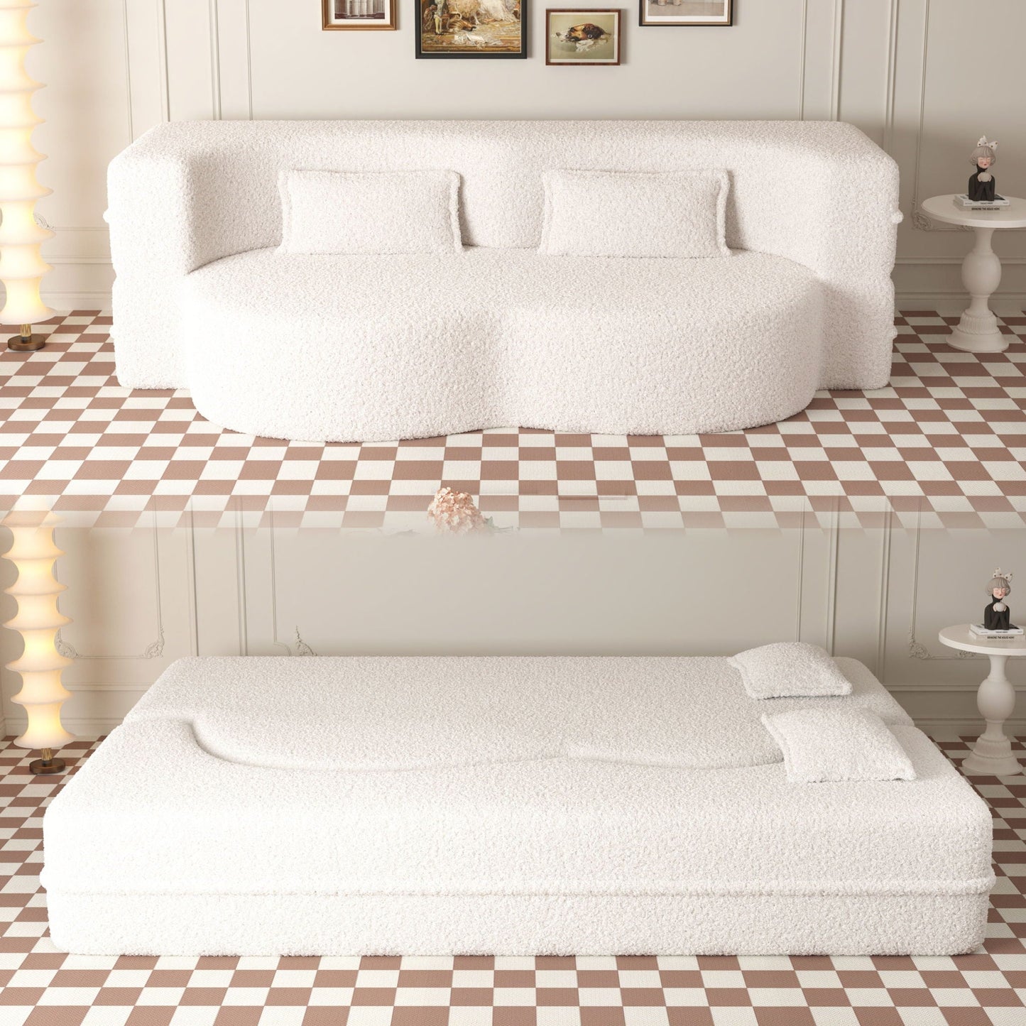 HouseOfZazla ivory teddy-fabric foam-filled floor futon sofa with two pillows on Tampa Home & Garden Store