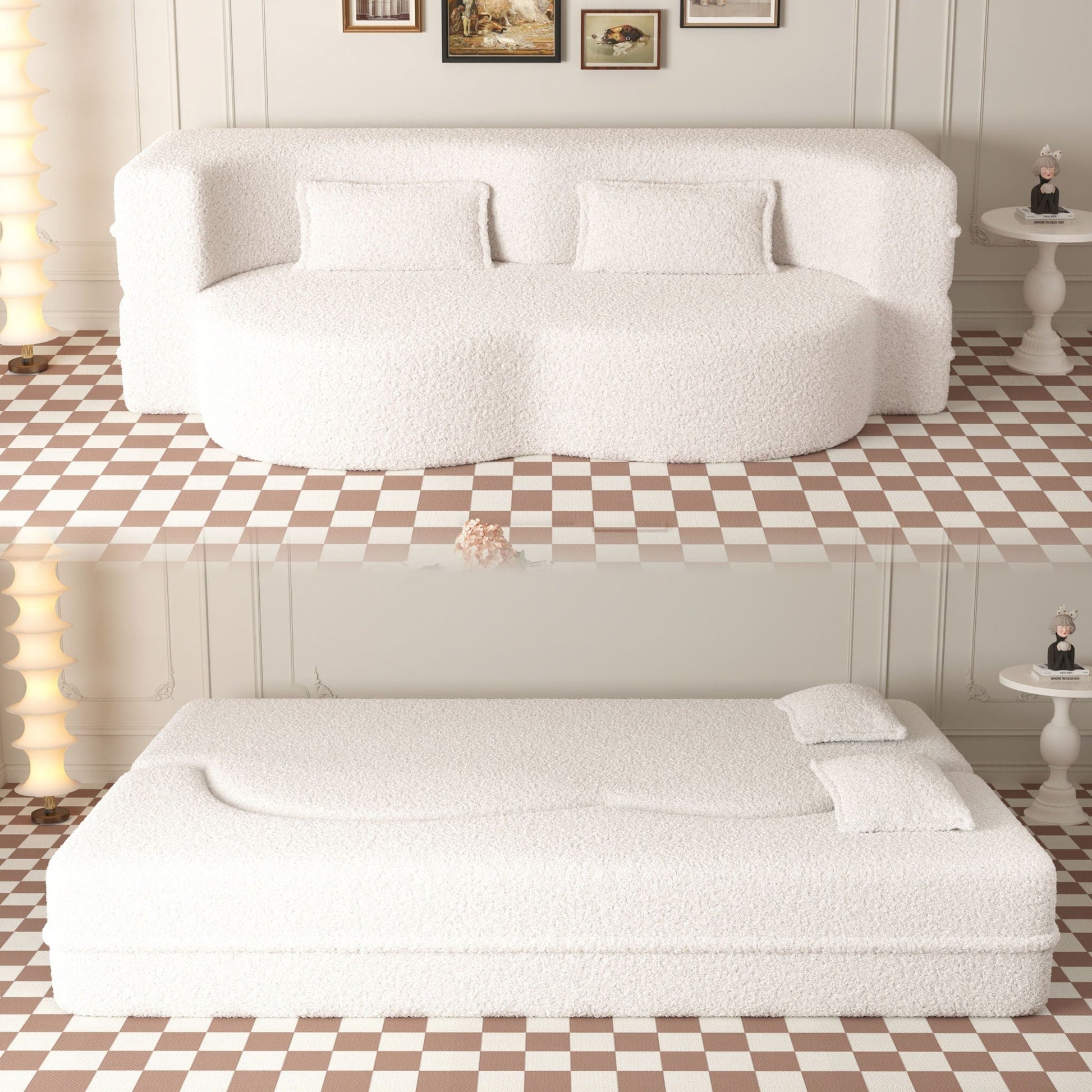 HouseOfZazla ivory teddy-fabric foam-filled floor futon sofa with two pillows on Tampa Home & Garden Store
