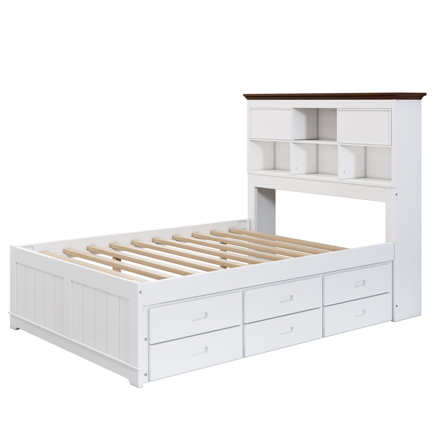 Solid Pine Captain Bookcase Bed with Trundle Bed and 3 Spacious Under Bed Drawers in Casual,Full, White+Walnut - Tampa Home & Garden Store