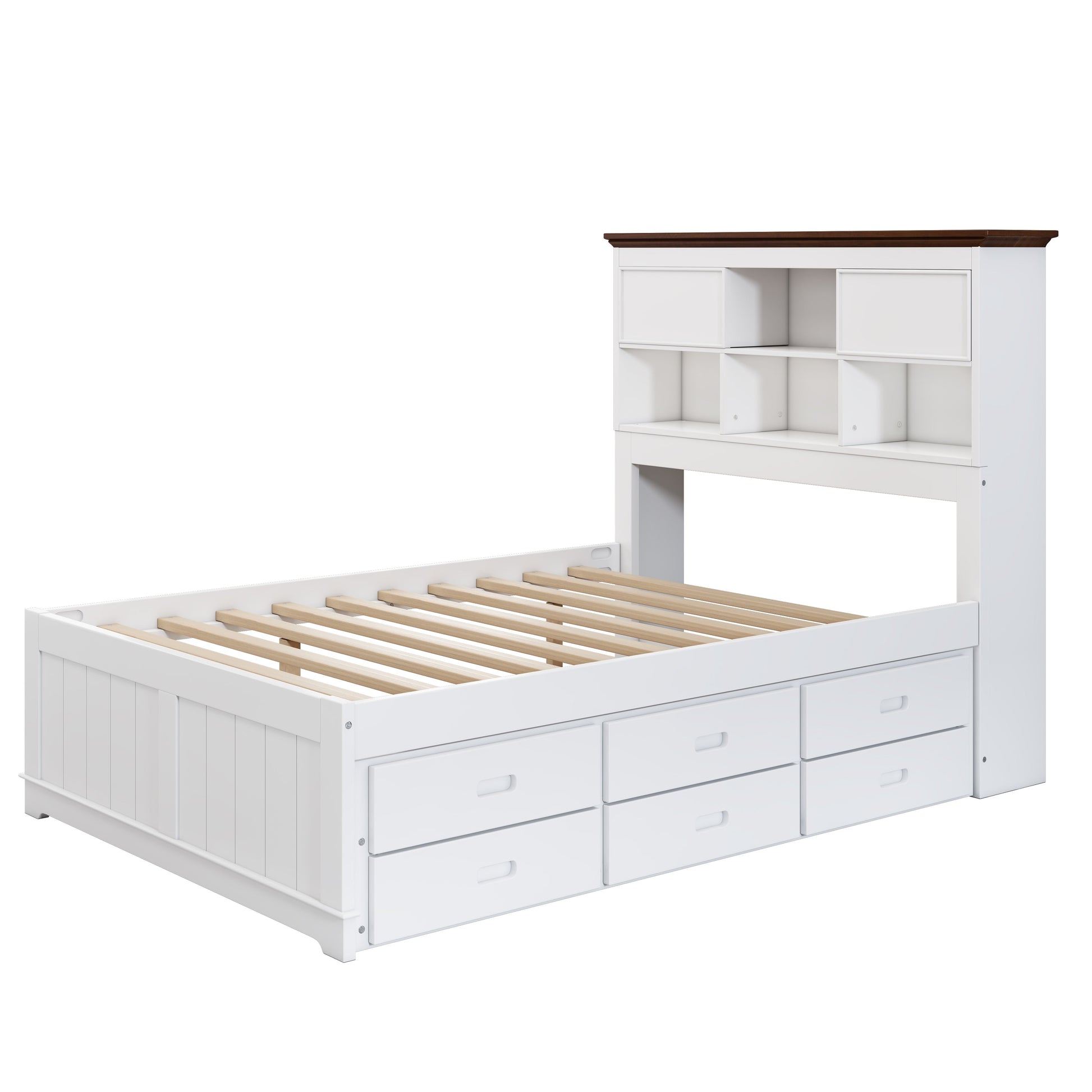 Solid Pine Captain Bookcase Bed with Trundle Bed and 3 Spacious Under Bed Drawers in Casual,Full, White+Walnut - Tampa Home & Garden Store