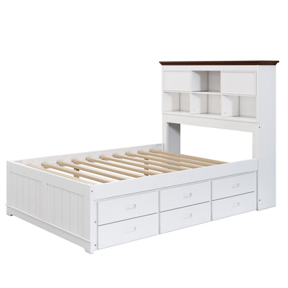Solid Pine Captain Bookcase Bed with Trundle Bed and 3 Spacious Under Bed Drawers in Casual,Full, White+Walnut - Tampa Home & Garden Store