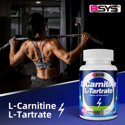 L-Carnitine L-Tartrate supplement bottle, blue label, 60 capsules, BSYS on Tampa Home & Garden Store