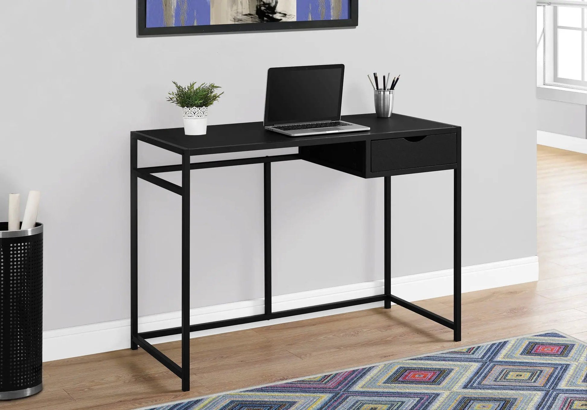 Computer desk for home office with black metal frame, 1 drawer, laptop on top on Tampa Home & Garden Store
