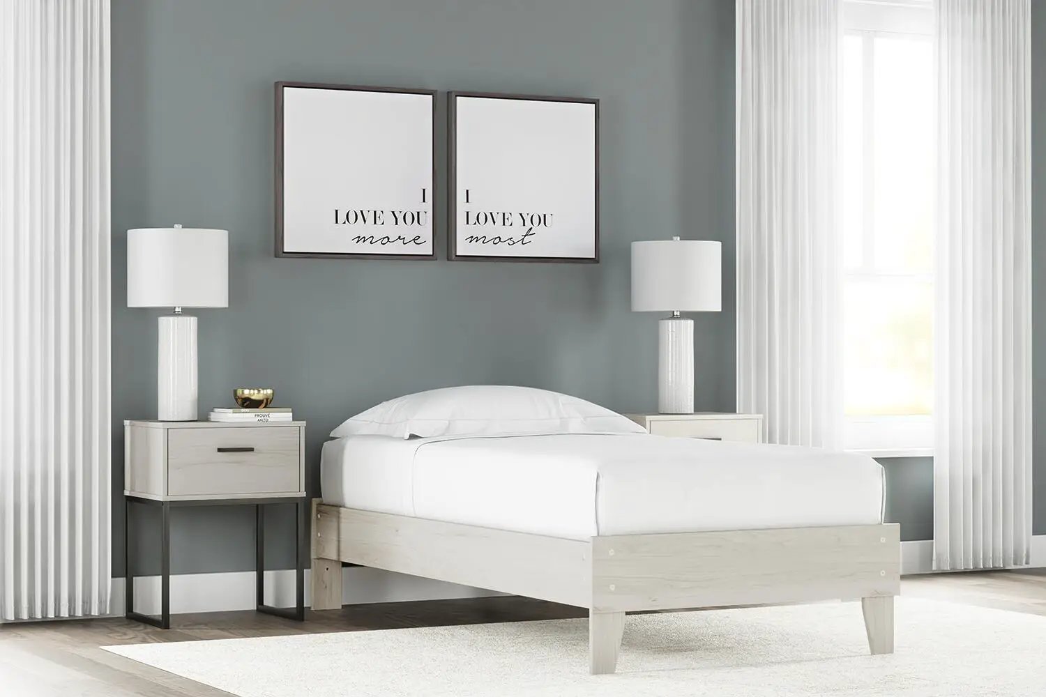 Socalle Platform Bed in pale oak with two nightstands and two white lamps on Tampa Home & Garden Store
