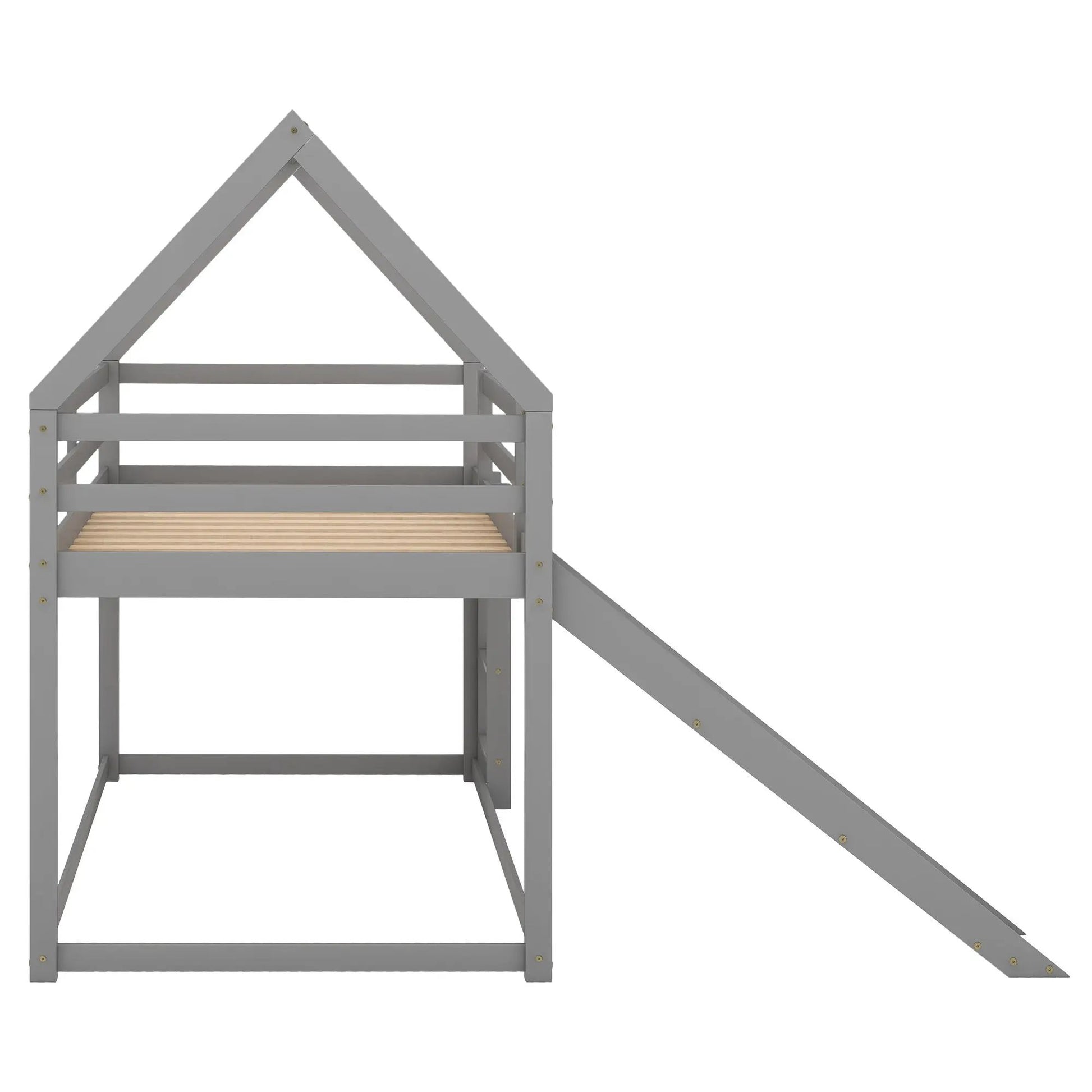 House Shape Bunk Bed with Slide and Ladder, gray finish, wood slats, Unique Piece Furniture on Tampa Home & Garden Store