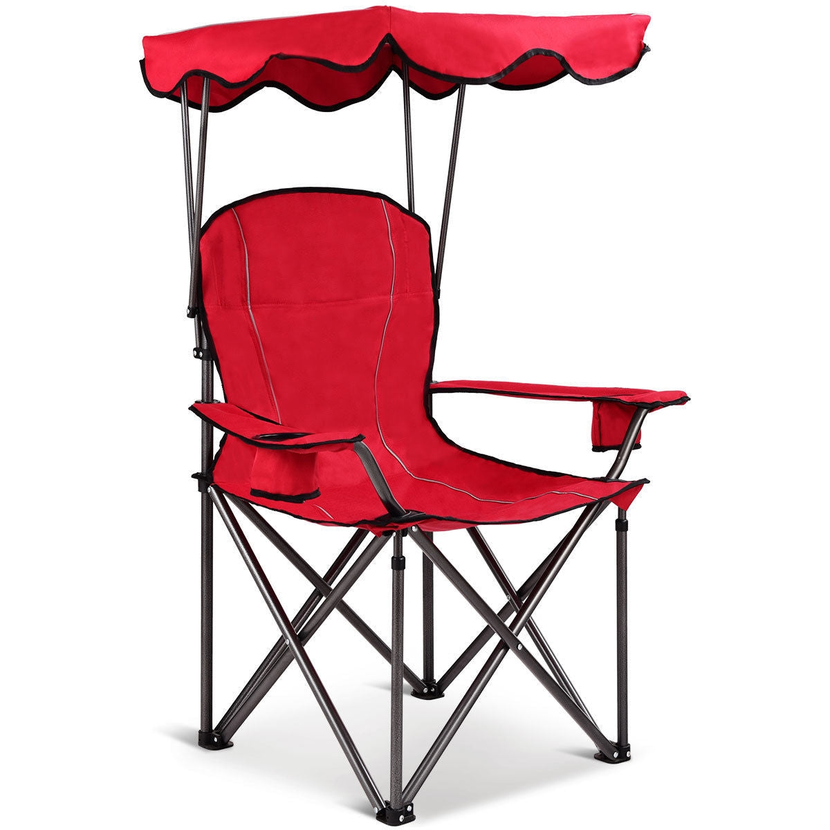 GemGear portable folding beach chair with canopy red fabric seat, cup holders and steel frame on Tampa Home & Garden Store