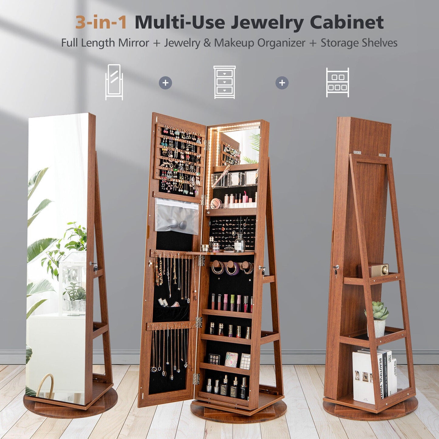 360° Rotating Mirrored Jewelry Cabinet Armoire 3 Color LED Modes Lockable-Dark Brown