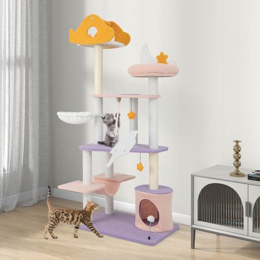 66 Inch Cute Cat Tree Cats Multi-level Tall Cat Tower with Sisal Covered Scratching Posts-Purple - Tampa Home & Garden Store