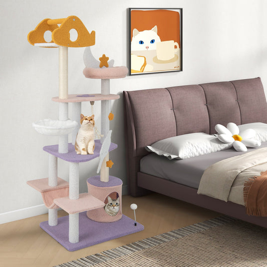 66 Inch Cute Cat Tree Cats Multi-level Tall Cat Tower with Sisal Covered Scratching Posts-Purple - Tampa Home & Garden Store