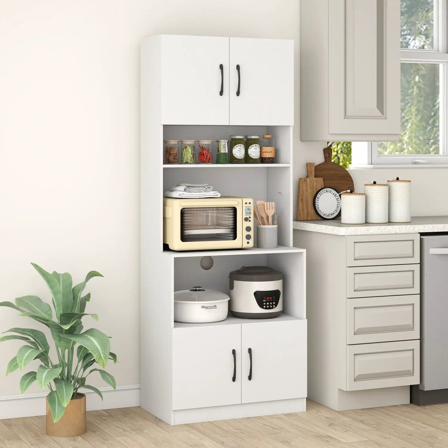 66 Inch Kitchen Pantry Cabinet with Charging Station and Adjustable Shelves for Dining Room