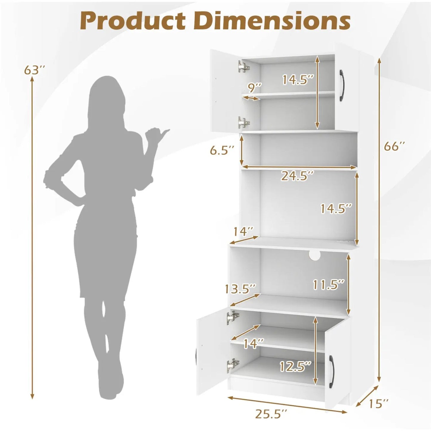 66 Inch Kitchen Pantry Cabinet with Charging Station and Adjustable Shelves for Dining Room