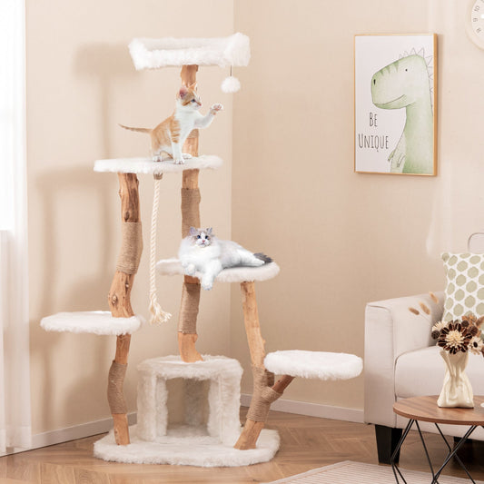 66 Inch Tall Solid Wood Cat Tree Modern Wooden Cat Tower with Perch-White - Tampa Home & Garden Store