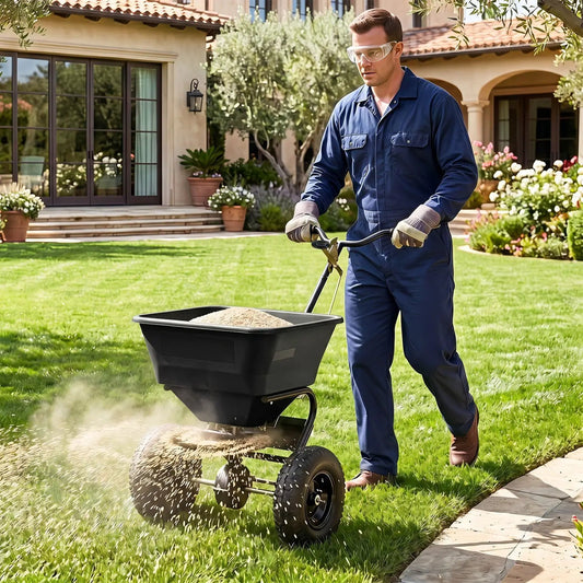 Walk-Behind Broadcast Spreader with 66 lb capacity and 13-inch tires, black hopper on lawn on Tampa Home & Garden Store