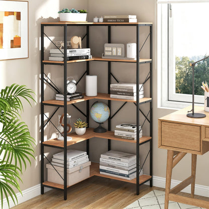 5-Tier L-Shaped Corner Bookcase with black metal frame and wood shelves 66 in tall on Tampa Home & Garden Store