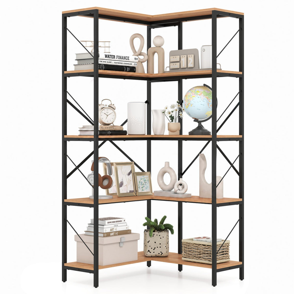 5-Tier L-Shaped Corner Bookcase with black metal frame and wood shelves, 66-inch tall DirectDeals on Tampa Home & Garden Store