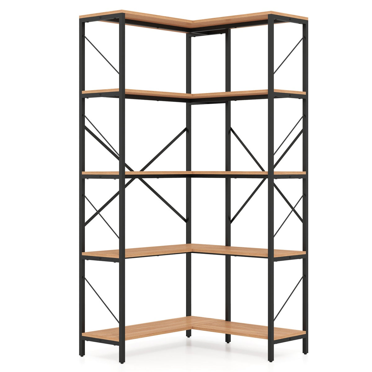 5-Tier L-Shaped Corner Bookcase with black metal frame and natural wood shelves 66 inches tall on Tampa Home & Garden Store