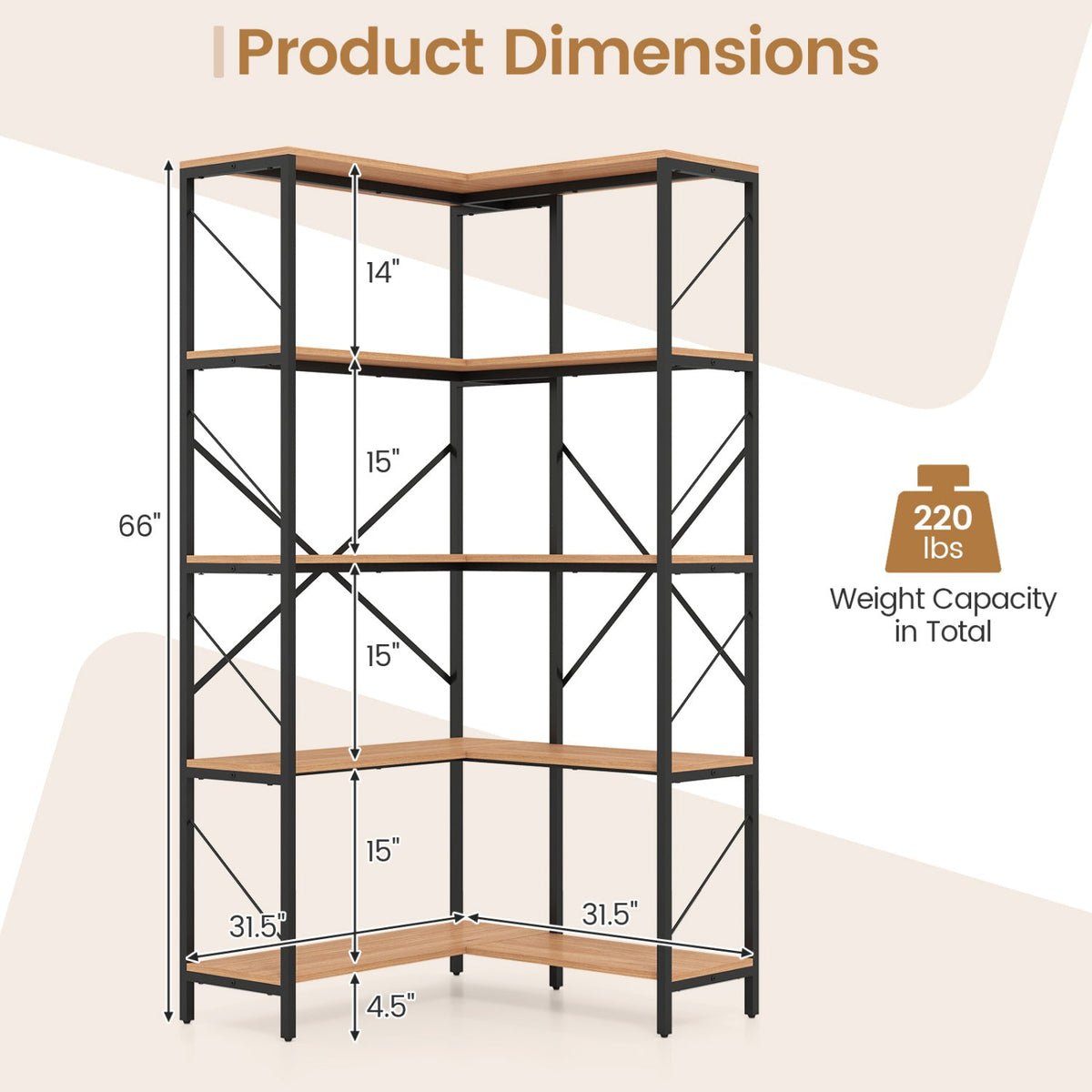 DirectDeals 5-Tier L-Shaped Corner Bookcase; black metal frame, wood shelves, 66 inches tall on Tampa Home & Garden Store