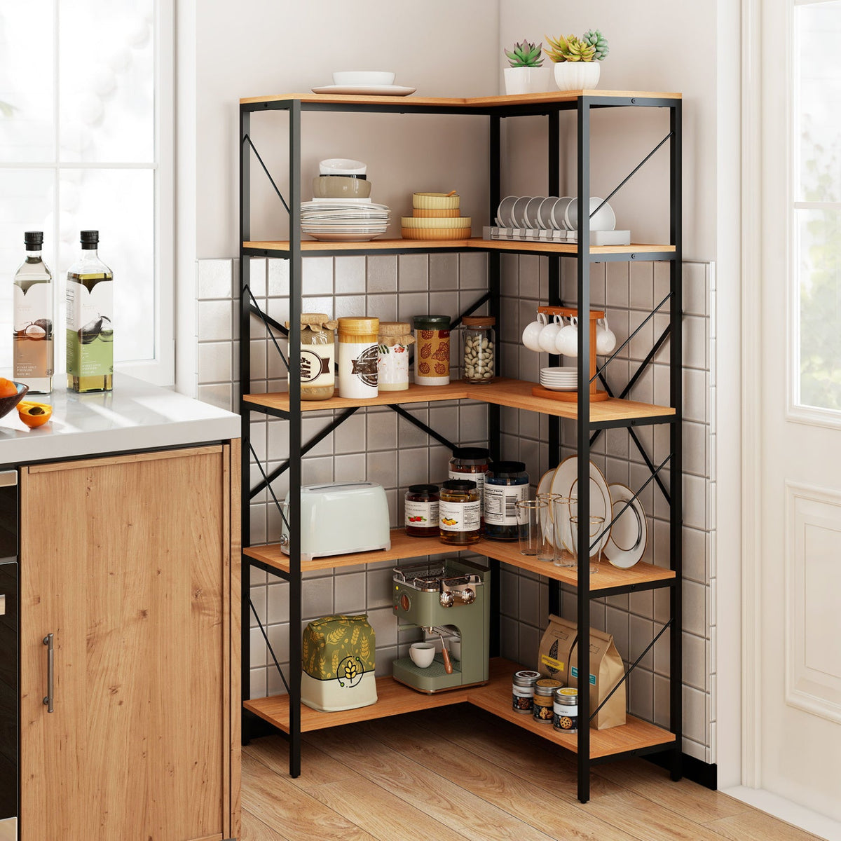 5-Tier L-Shaped Corner Bookcase with Metal Frame, DirectDeals, black metal frame and wooden shelves on Tampa Home & Garden Store