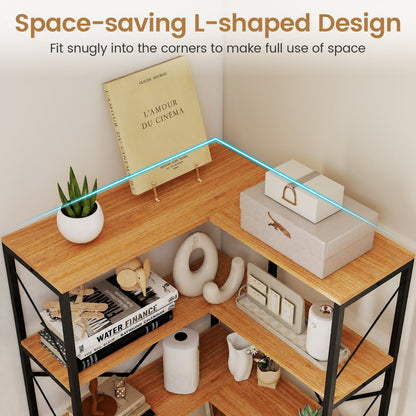 5-Tier L-Shaped Corner Bookcase with Metal Frame DirectDeals, wood shelves, black frame, 66 in tall on Tampa Home & Garden Store