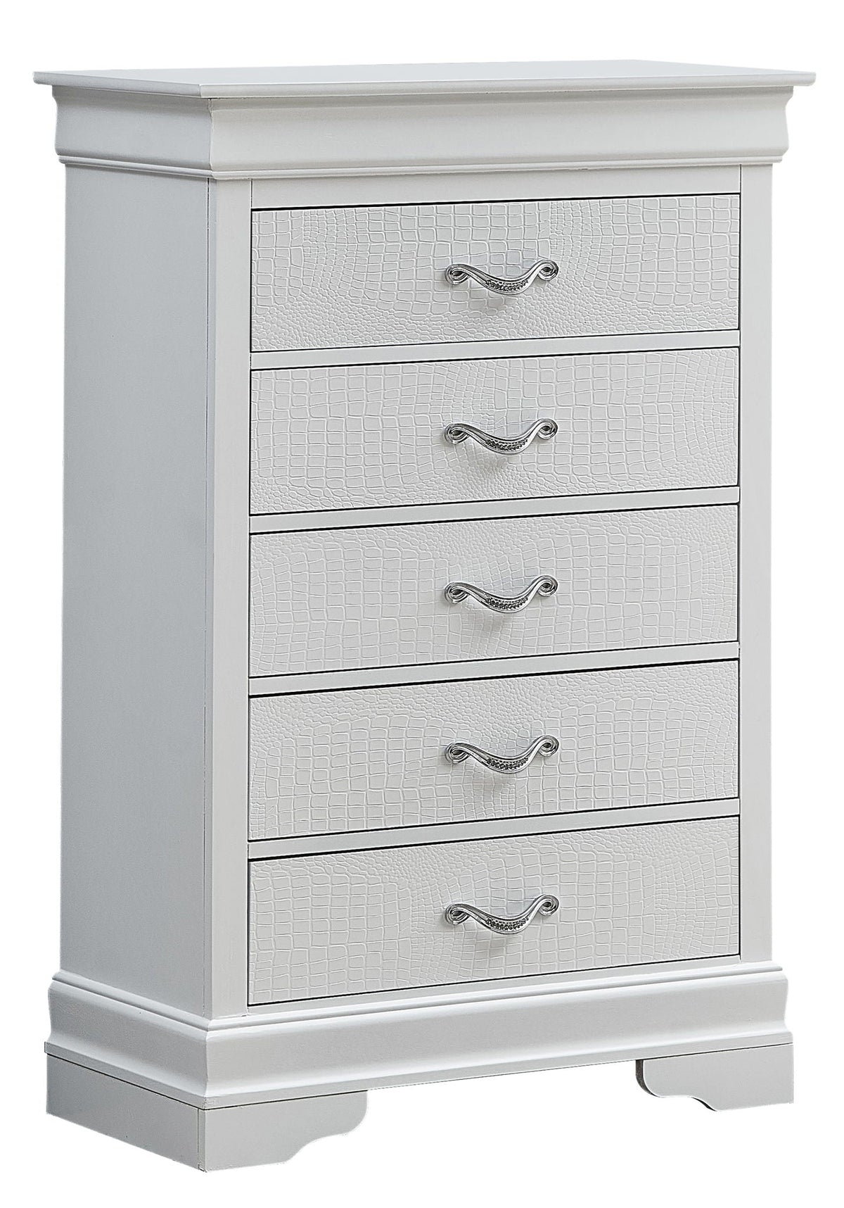 Accent chest with embossed textured front and faux crystal pulls gray silver HouseOfZazla on Tampa Home & Garden Store
